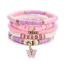 Handmade Polymer Clay Heishi Beads Stretch Bracelets Set, Glass Pearl Round Beads Bracelets, Butterfly Acrylic Charm Bracelets for Women, Pink, Inner Diameter: 2-1/4 inch(5.6cm), 5pcs/set(X-BJEW-JB07386)