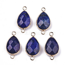 Natural Lapis Lazuli Links Connectors, with Light Gold Tone Brass Findings, Faceted Teardrop, Blue, 27x14x6mm, Hole: 2mm(G-T131-49B)