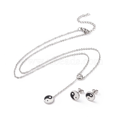 Feng Shui 304 Stainless Steel Jewelry Sets, Necklaces and Stud Earrings, with Rhinestone and Enamel, Yin Yang, Stainless Steel Color, 16.93 inch(43cm), 10x2mm, Pin: 0.8mm(SJEW-H144-08P)