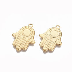 PVD Vacuum Plating 304 Stainless Steel Pendants, Hamsa Hand/Hand of Fatima /Hand of Miriam, Golden, 35.3x25x2.4mm, Hole: 2.7mm(STAS-I105-21G)