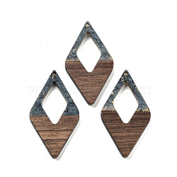 Walnut Wood Pendants, Resin and Gold foil, Rhombus, Slate Gray, 47.5x25.5x3.5mm, Hole: 2mm(FIND-Z050-02L)