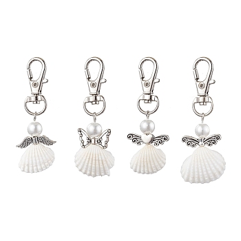 Angel Spiral Shell Pendant Decooration, Glass Pearl Round Bead & Alloy Swivel Lobster Claw Clasps Charms for Bag Ornaments, Antique Silver, 61.5~66mm, 4pcs/set