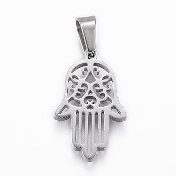 Tarnish Resistant 304 Stainless Steel Pendants, Hamsa Hand/Hand of Fatima/Hand of Miriam, Stainless Steel Color, 22x14x2mm, Hole: 5x7mm