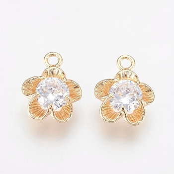 Brass Micro Pave Cubic Zirconia Charms, Nickel Free, Flower, Clear, Real 18K Gold Plated, 14x10.5x4.5mm, Hole: 1.6mm
