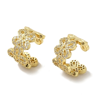 Rack Plating Brass Micro Pave Clear Cubic Zirconia Flower Cuff Earrings for Women, Cadmium Free & Lead Free, Long-Lasting Plated, Real 18K Gold Plated, 14x9.5mm