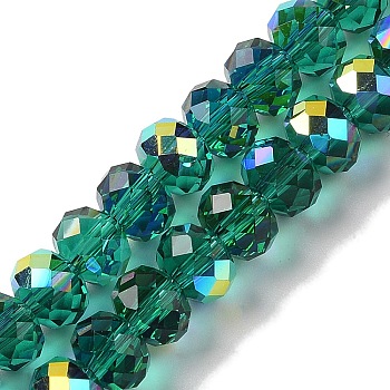 AB Color Plated Transparent Electroplate Beads Strands, Faceted, Round, Teal, 7.5x6mm, Hole: 1mm, about 80~83pcs/strand, 18.31~19.88''(46.5~50.5cm)