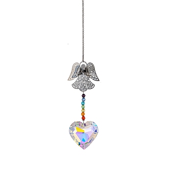 Glass Heart Sun Catcher Hanging Prism Ornaments with Iron Angel, for Home, Garden, Ceiling Chandelier Decoration, 400mm