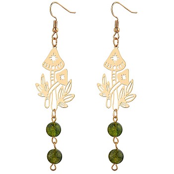 Hollow Mushroom Alloy Dangle Earrings, Natural Green Lodolite Quartz Beads Earrings Jewelry Gift for Women, Golden, 90x23.5mm, Pin: 0.8mm