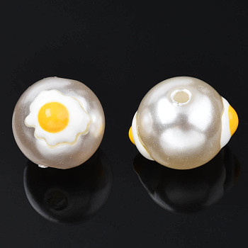 ABS Plastic Imitation Pearl Beads, with Enamel, Round with Omelette, Gold, 12x11mm, Hole: 2mm