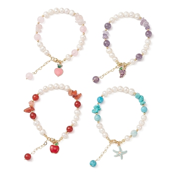 4Pcs 4 Style Grape & Apple & Peach & Starfish Alloy Enamel Charm Bracelets Set, Natural & Synthetic Mixed Stone Chips & Natural Shell Beaded Stackable Bracelets, Mixed Color, 7-5/8~7-3/4 inch(19.3~19.8cm), 1Pc/style