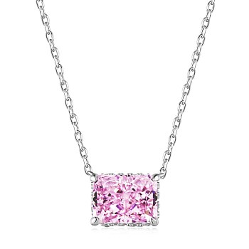 Rectangle Rhodium Plated 925 Sterling Silver Pave 8A Pink Cubic Zirconia Pendant Cable Chain Necklaces for Women, Real Platinum Plated, 15.83 inch(40.2cm)