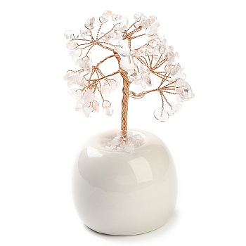 Natural Quartz Crystal Chips Tree of Life Decorations, Round Porcelain Base with Copper Wire Feng Shui Energy Stone Gift for Home Office Desktop Decoration, 57x113~129mm