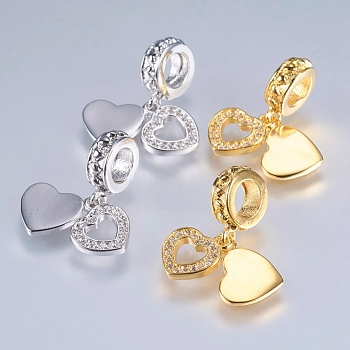Brass Cubic Zirconia European Dangle Charms, Heart, Mixed Color, 20mm, Hole: 4mm, Pendant: 8x8~9x1mm