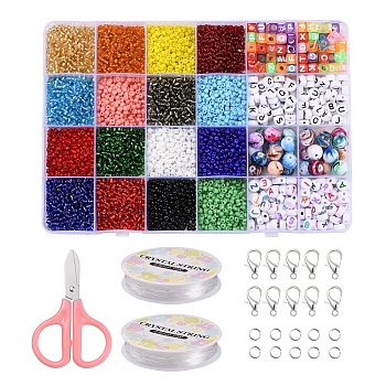 DIY Letter Bracelet Keychain Making Kit, Including 8/0 Round Glass Seed & Acrylic Beads, Zinc Alloy Lobster Claw Clasps, Scissor, Mixed Color