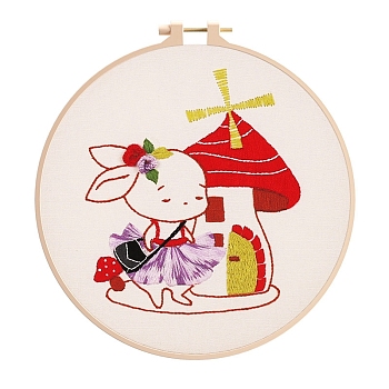 Rabbit Pattern DIY Embroidery Kit, including Embroidery Needles & Thread, Cotton Cloth, Mushroom, 210x210mm