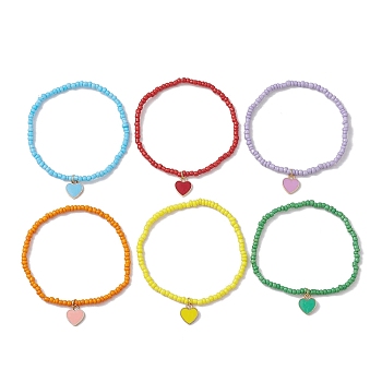 6Pcs Glass Seed Beaded Bracelets, with Heart Alloy Enamel Pendants, Mixed Color, Inner Diameter: 2-1/4 inch(5.75cm), 6pcs/set