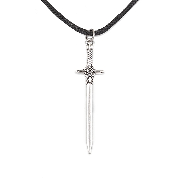 Alloy Sword Pendant Necklace with Waxed Cords, Black, 17.40 inch(44.2cm)