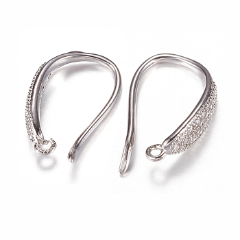 Brass Micro Pave Cubic Zirconia Earring Hooks, with Horizontal Loop, Platinum, 15x9x3mm, 9 Gauge, Hole: 0.5mm