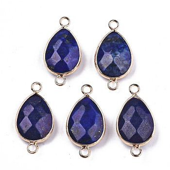 Natural Lapis Lazuli Links Connectors, with Light Gold Tone Brass Findings, Faceted Teardrop, Blue, 27x14x6mm, Hole: 2mm