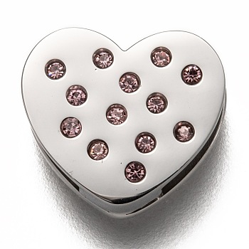 304 Stainless Steel Slide Charms, with Rhinestone, Heart, Light Amethyst, Stainless Steel Color, 12x13x3.5mm, Hole: 8x1.5mm