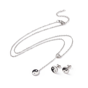 Feng Shui 304 Stainless Steel Jewelry Sets, Necklaces and Stud Earrings, with Rhinestone and Enamel, Yin Yang, Stainless Steel Color, 16.93 inch(43cm), 10x2mm, Pin: 0.8mm