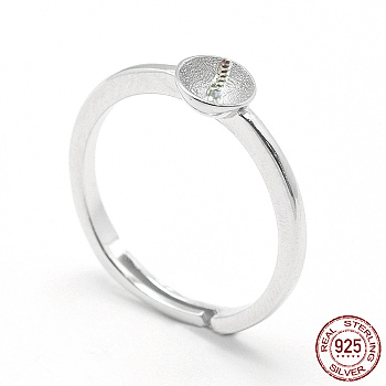 Anti-Tarnish Rhodium Plated 925 Sterling Silver Finger Ring Components, For Half Drilled Beads, Flat Round, Platinum, Tray: 5.5mm, 16.5mm, Pin: 0.7mm