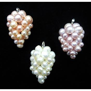 Natural Cultured Freshwater Pearl Pendants, Grape, Mixed Color, Size: about 18~20mm wide, 30~31mm long, hole: 2mm