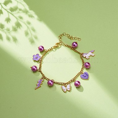 Alloy Enamel & Glass Pearl Charm Bracelet with 304 Stainless Steel Chains for Women(BJEW-JB08707-04)-2