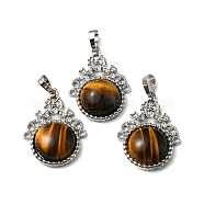 Natural Tiger Eye Pendants, with Rack Plating Brass Findings, Cadmium Free & Lead Free, Flat Round & Flower, 34~34.5x25.5~26x8.5~9mm, Hole: 8x5.5mm(G-P498-01P-06)