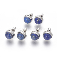 Natural Lapis Lazuli Stud Earrings, with Brass Findings, Half Round, Platinum, 12mm, Pin: 0.8mm(EJEW-F162-H03)