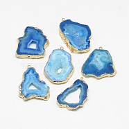 Natural Druzy Agate Pendants, with Golden Tone Iron Findings, Dyed, Nuggets, Dodger Blue, 20~60x13~50x4~8mm, Hole: 1~4mm(G-Q494-65E-G)