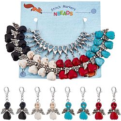 Synthetic Turquoise Skull Angel Pendant Decoration, Zinc Alloy Lobster Clasp Charms, Clip-on Charms, for Keychain, Purse, Backpack Ornament, Stitch Marker, 45mm, 24pcs/set(HJEW-PH01548)