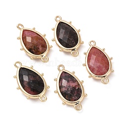 Natural Rhodonite Connector Charms, with Golden Plated Brass Edge Loops, Faceted, Teardrop, 24x14.5x5mm, Hole: 1.2mm & 1.4mm(G-G012-05G-12)