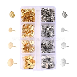 120Pcs 6 Style 304 Stainless Steel Stud Earring Pads, Flat Round, with 120Pcs Ear Nuts, Golden & Stainless Steel Color, 6~12x6~10x0.3mm, Pin: 0.7~0.8mm(STAS-YW0001-36)