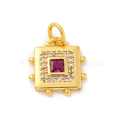 Brass Micro Pave Cubic Zirconia Pendants, Lead Free & Cadmium Free, Gold, Square, Medium Violet Red, 13x12x2.5mm, Hole: 3mm(KK-U033-02G-01)