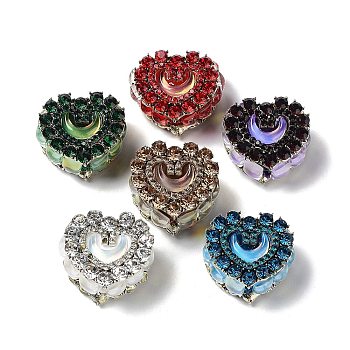 Polymer Clay Rhinestone Beads, with Alloy Finding, Heart, Mixed Color, 26x26x14.5mm, Hole: 1.6mm