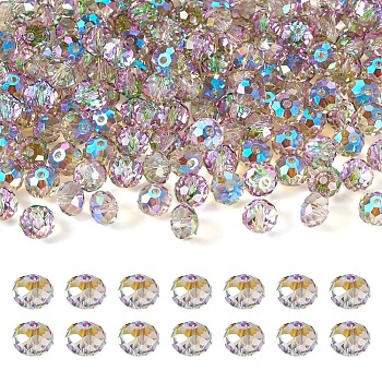 200Pcs Transparent Electroplate Glass Beads, Rainbow Plated, Faceted, Rondelle, Lime Green, 8x6mm, Hole: 1.6mm