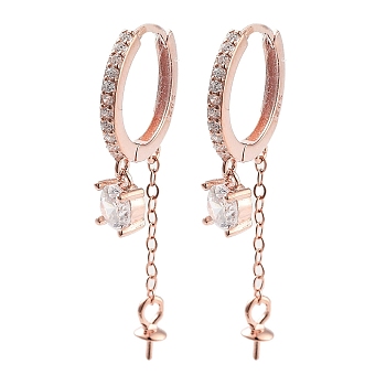 925 Sterling Silver with Cubic Zirconia Hoop Earring Findings, with Pinch Bails and S925 Stamp, for Half Drilled Beads, Rose Gold, 22 Gauge, 13x12.5mm, Pin: 0.6mm