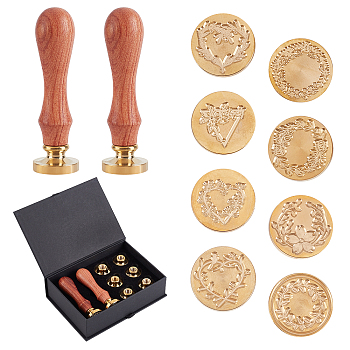 CRASPIRE DIY Scrapbook Crafts, Including Pear Wood Handle, Brass Wax Seal Stamp Heads, Golden, 25x14mm, 10pcs/box