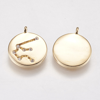 Brass Pendants, with Cubic Zirconia, Real Gold Plated, Twelve Constellations, Clear, Real 18K Gold Plated, 13x11x2.5mm, Hole: 1mm
