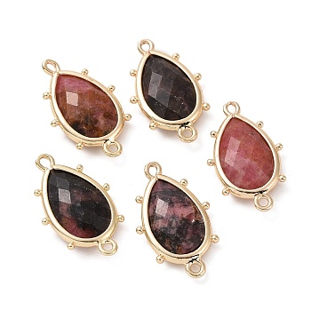 Natural Rhodonite Connector Charms, with Golden Plated Brass Edge Loops, Faceted, Teardrop, 24x14.5x5mm, Hole: 1.2mm & 1.4mm