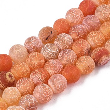 Natural Weathered Agate Beads Strands, Frosted, Dyed, Round, Tomato, 8mm, Hole: 1mm, about 47pcs/strand, 15.7 inch