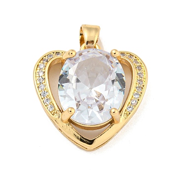 Brass Micro Pave Clear Cubic Zirconia Pendants, with Glass, Heart, Clear, 17x17.2x7mm, Hole: 4x2.5mm