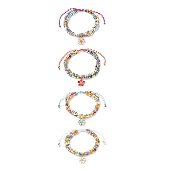 Adjustable Glass Bead Braided Beaded Bracelet, Multi-strand Bracelets, Alloy Enamel Flower Charm Bracelets for Women, Mixed Color, Inner Diameter: 2~3 inch(5~7.5cm)