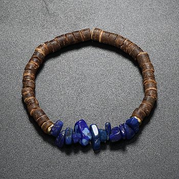Natural Lapis Lazuli Chips & Coconut Disc Beaded Stretch Bracelets, Inner Diameter: 2-1/8 inch(5.5cm)