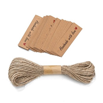 Rectangle Thank You Theme Kraft Paper Cord Display Cards, with 10m Bundle Hemp Rope, Word, 7x2x0.03cm, Hole: 3mm, 50pcs; Rope: 10m Long, 2mm In Diameter
