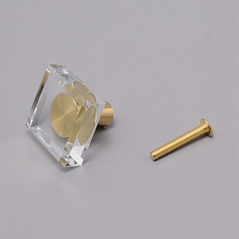 Square Glass Drawer Knobs, with Brass Fittings and Iron Screw, for Home, Cabinet, Cupboard and Dresser, Clear, 29x29x26.8mm, Hole: 3.5mm
