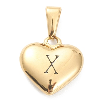 304 Stainless Steel Pendants, Heart with Black Letter, Golden, Letter.X, 16x16x4.5mm, Hole: 7x3mm