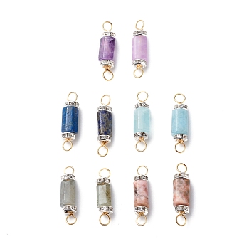 Natural Mixed Gemstone Connector Charms, with Brass Rhinestone Beads and Golden Tone Copper Wires, Faceted Column, 27x7x7mm, Hole: 3.5mm