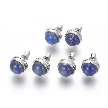 Natural Lapis Lazuli Stud Earrings, with Brass Findings, Half Round, Platinum, 12mm, Pin: 0.8mm